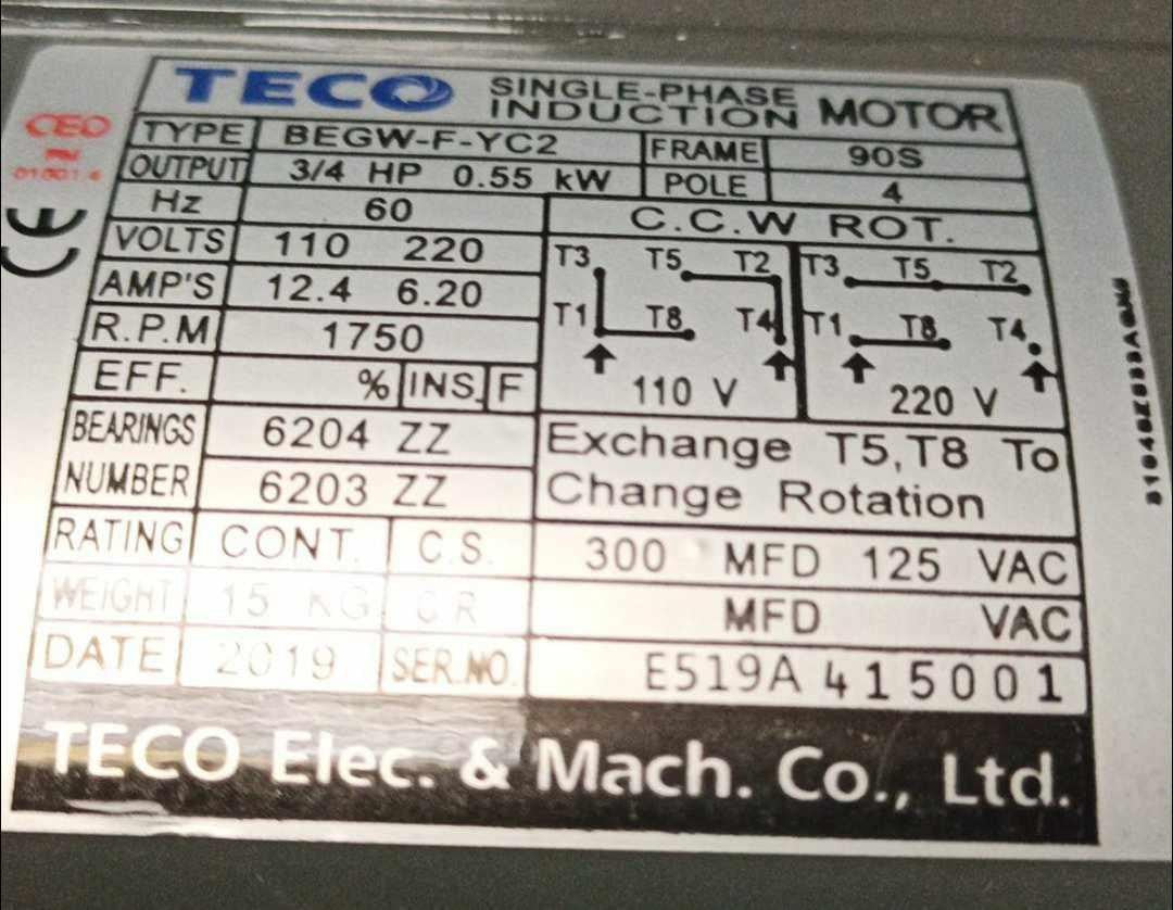 TECO INDUCTION MOTOR SINGLE PHASE